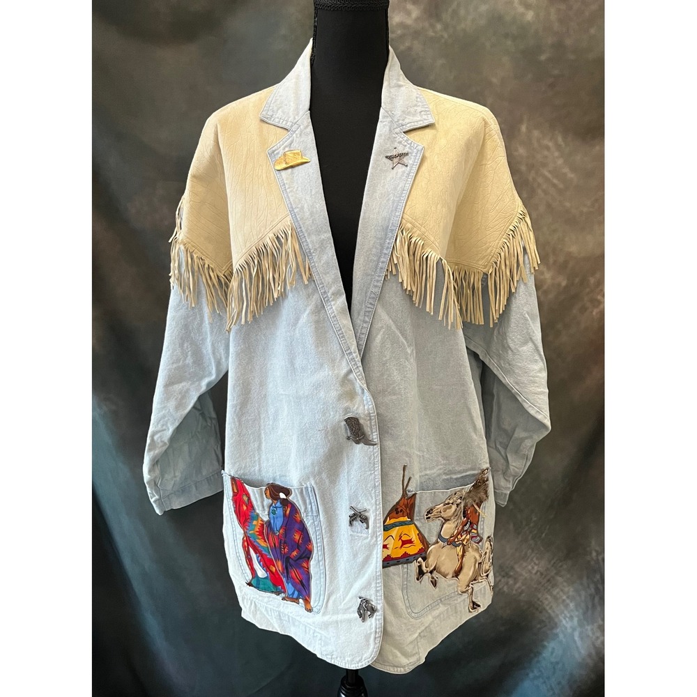 Vintage Western Denim Reworked‎ Jacket Fringe Cowboy Cowgirl Native American Art